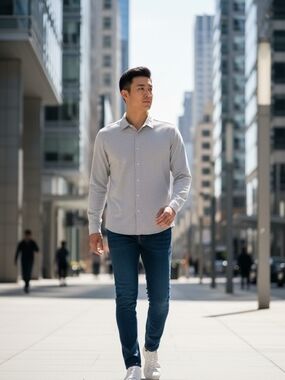 Banzhuke Men's Long-Sleeve Button-Up Shirt in Light Gray NWT Medium